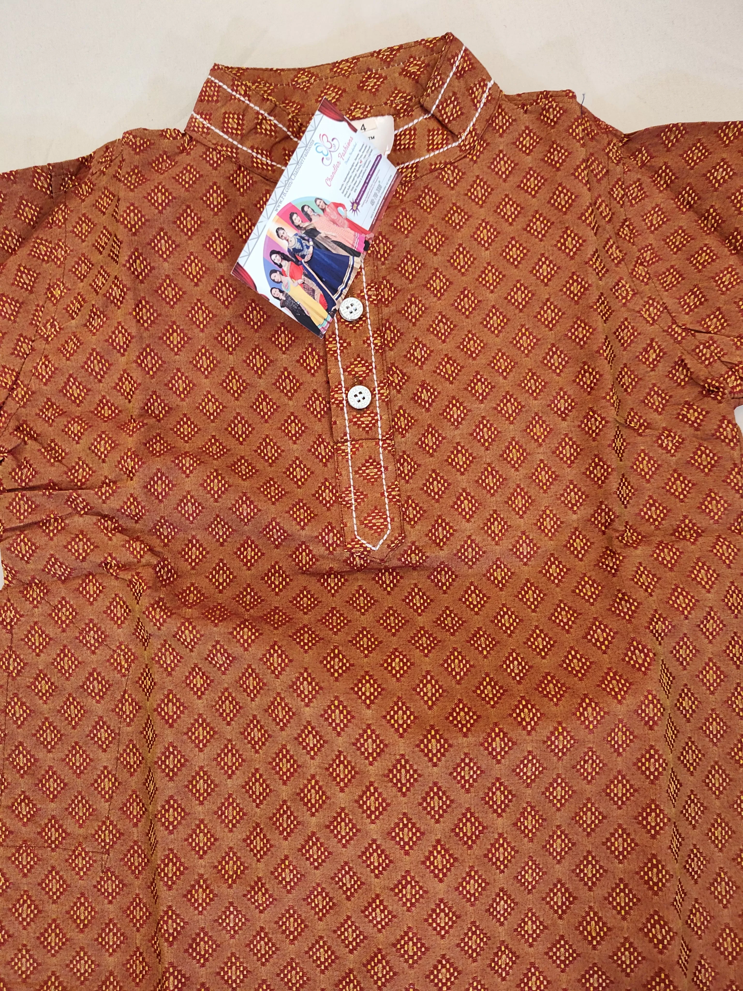 Charming Brown Color Cotton Kurta With Pajama Pants For Kids