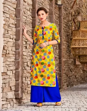 Classy Yellow Colored Colorful Circles Printed Cotton Kurti