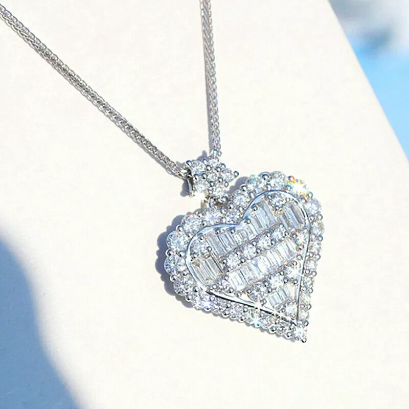 Created White Sapphire Baguette Heart Luxury Pendant Necklace