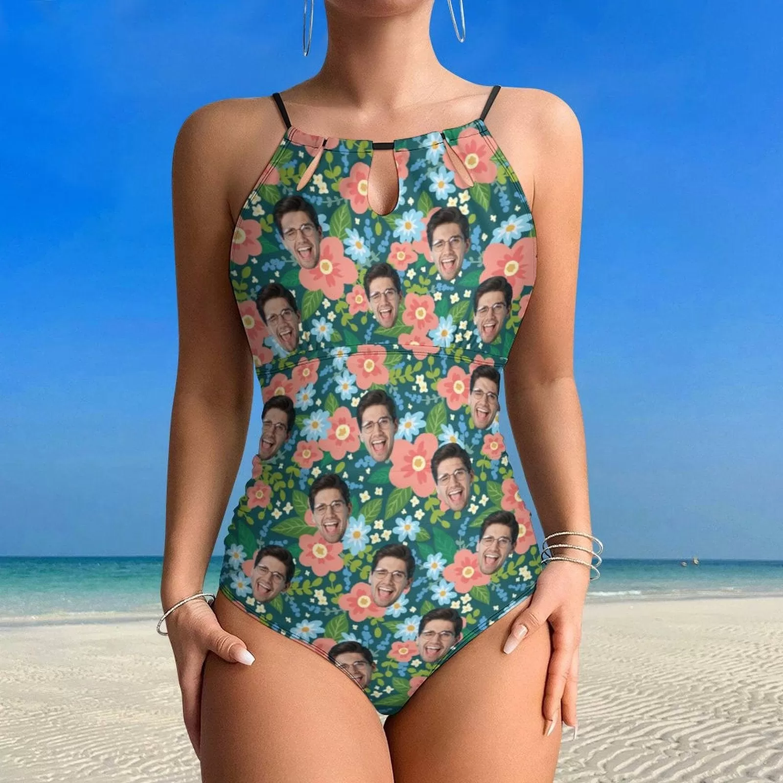 Custom Face Pink Flowers Swimsuit Personalized Women's One Piece Backless Tie Swimsuit Face Bathing Suit