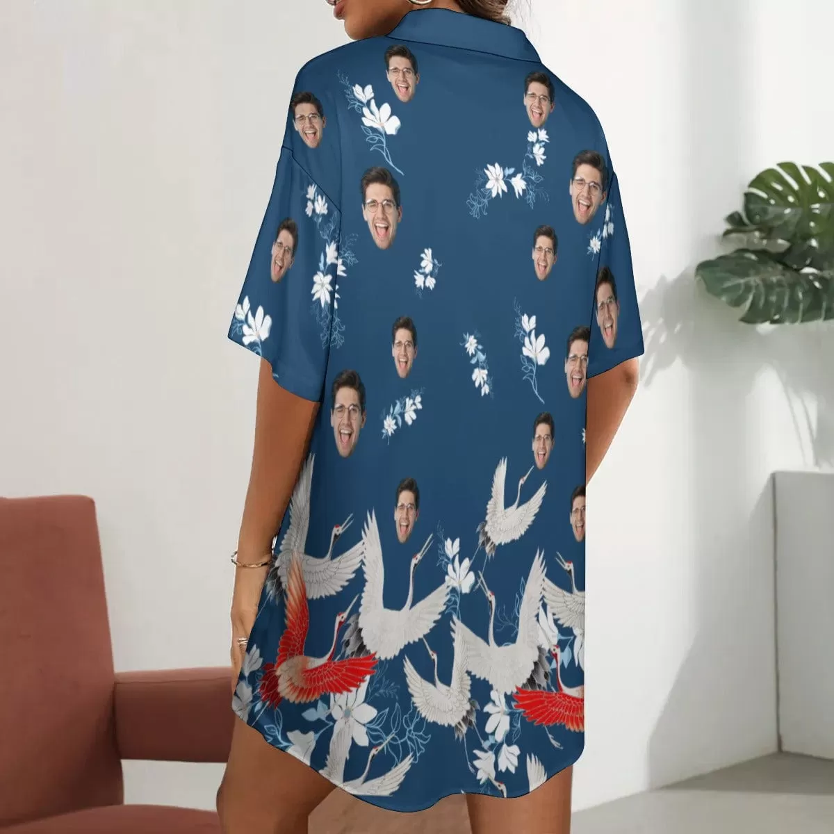 Custom Face Red-crowned Crane Blue Satin Nightgown For Women Silk Nightshirt Button Down Pajamas Dress Boyfriend Sleepshirt S-3XL