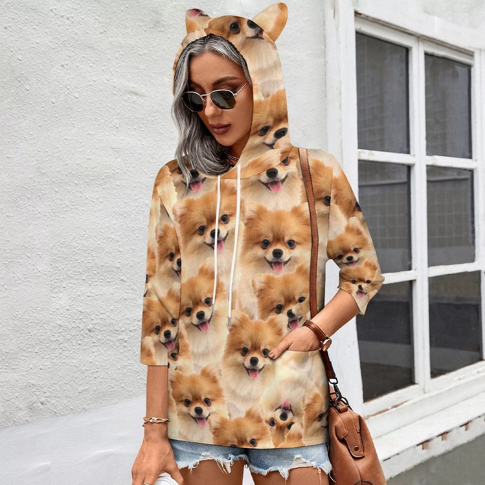 Custom Pet Face Hoodie Seamless Pictures Three Quarter Sleeve CoolHoodieDesigns Women's Cat Ear Hooded Pullover