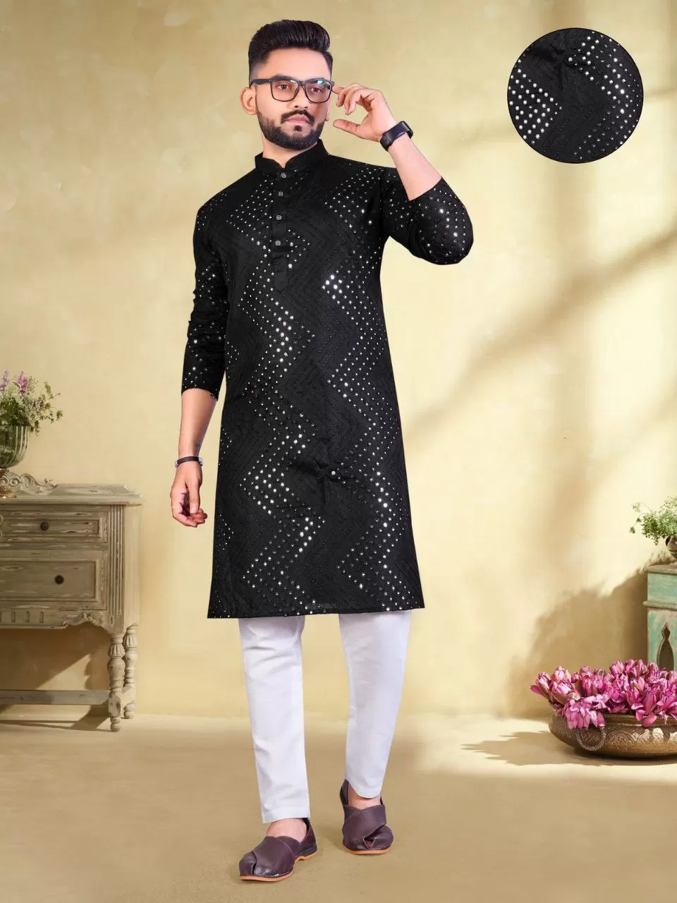 Dazzling Black Color Mirror Embroidery Work Cotton Kurta Pajama Set