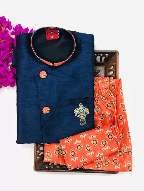 Delightful Dark Blue Colored Kurta With Dhoti Style Pant For Kids