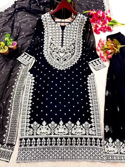 Designer Black Faux Georgette Heavy Work Gharara Suit Set