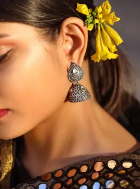 Designer Silver look alike Oxidised Brass based German Silver Jhumkas Pattern 2