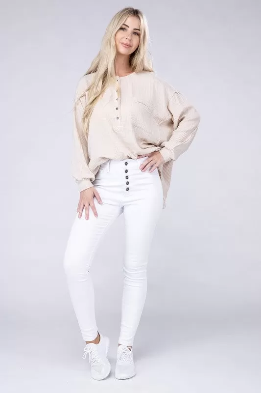 Double Gauze Oversized 3/4 Button Henley Neck Top