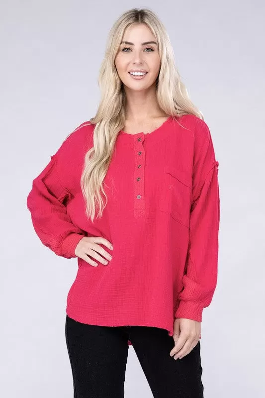 Double Gauze Oversized 3/4 Button Henley Neck Top