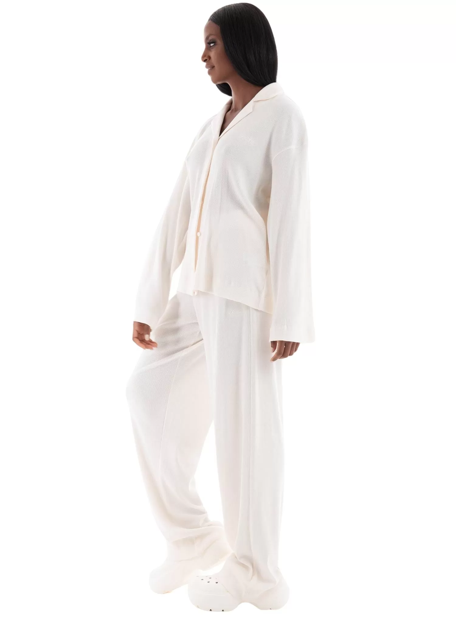 Elegant Ribbed Organic Cotton Pyjama Set, Off-White