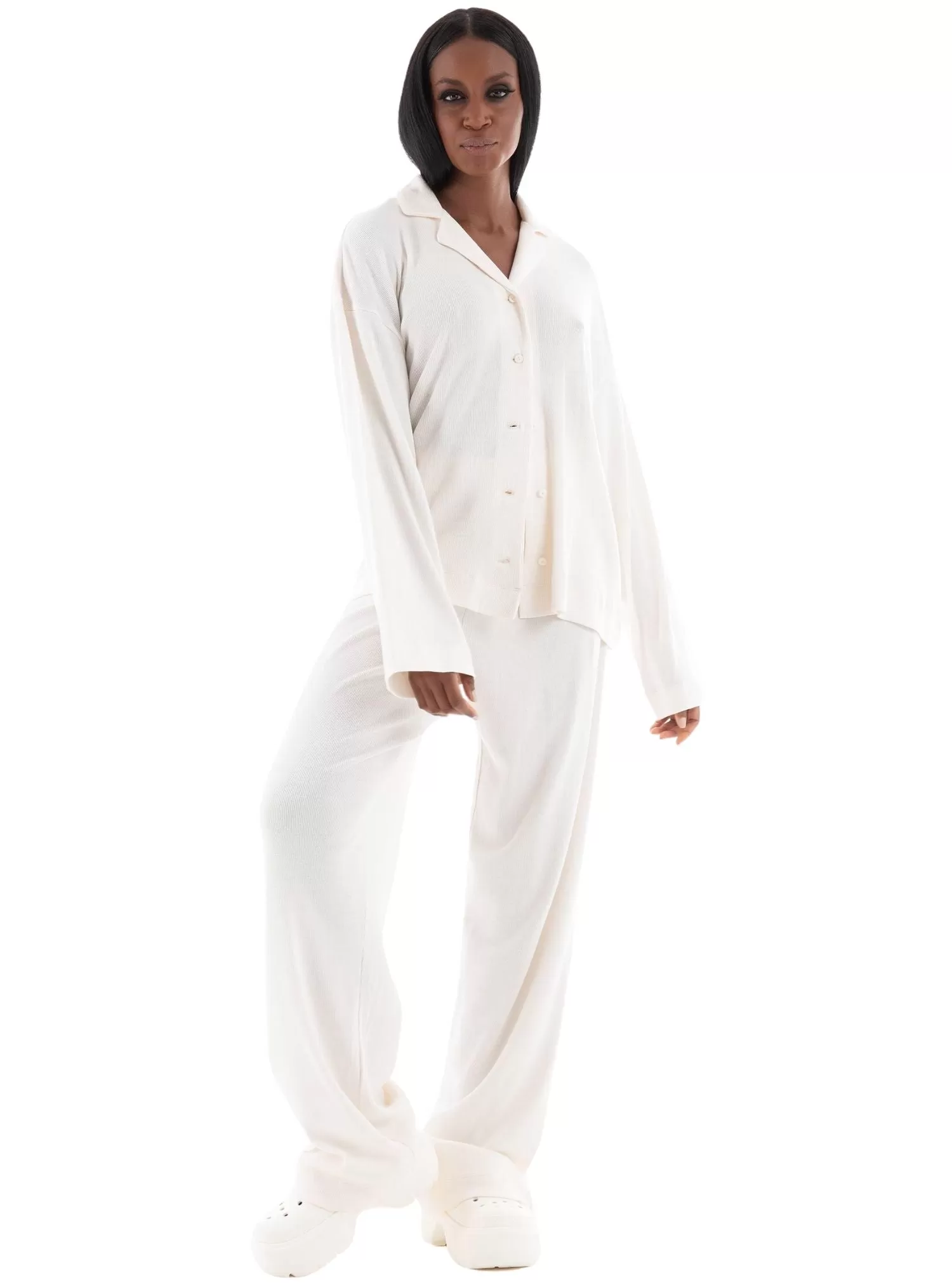 Elegant Ribbed Organic Cotton Pyjama Set, Off-White