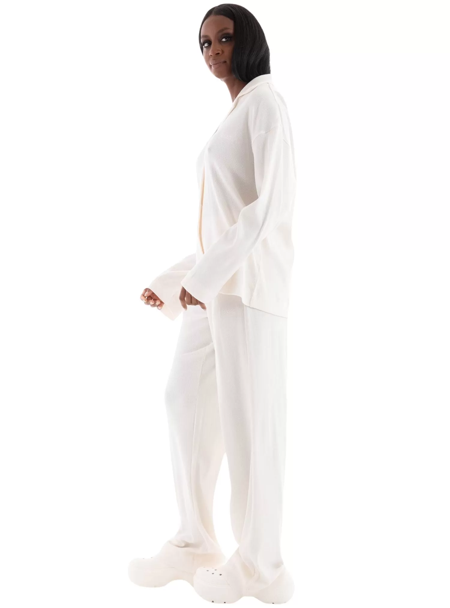 Elegant Ribbed Organic Cotton Pyjama Set, Off-White