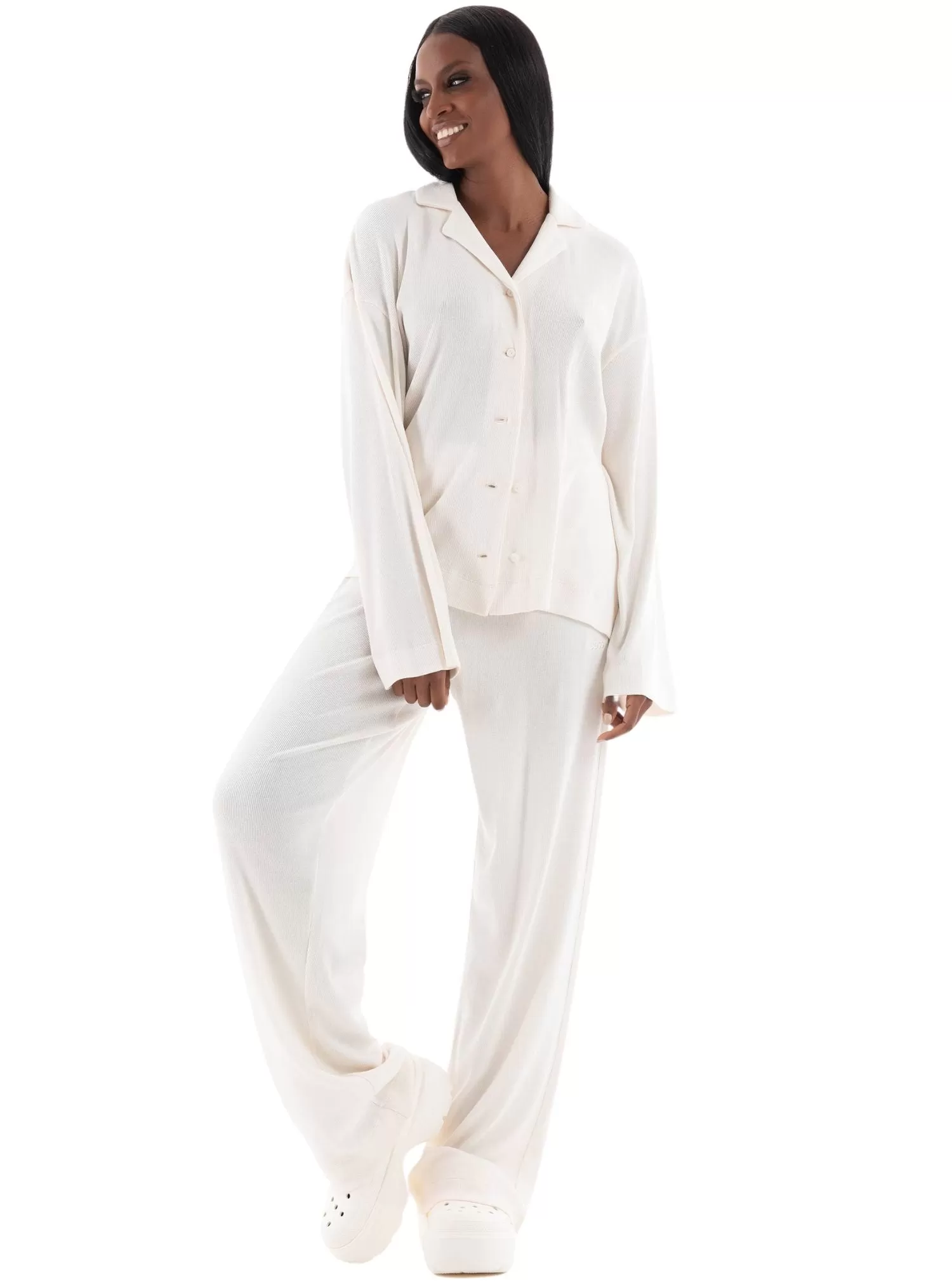 Elegant Ribbed Organic Cotton Pyjama Set, Off-White