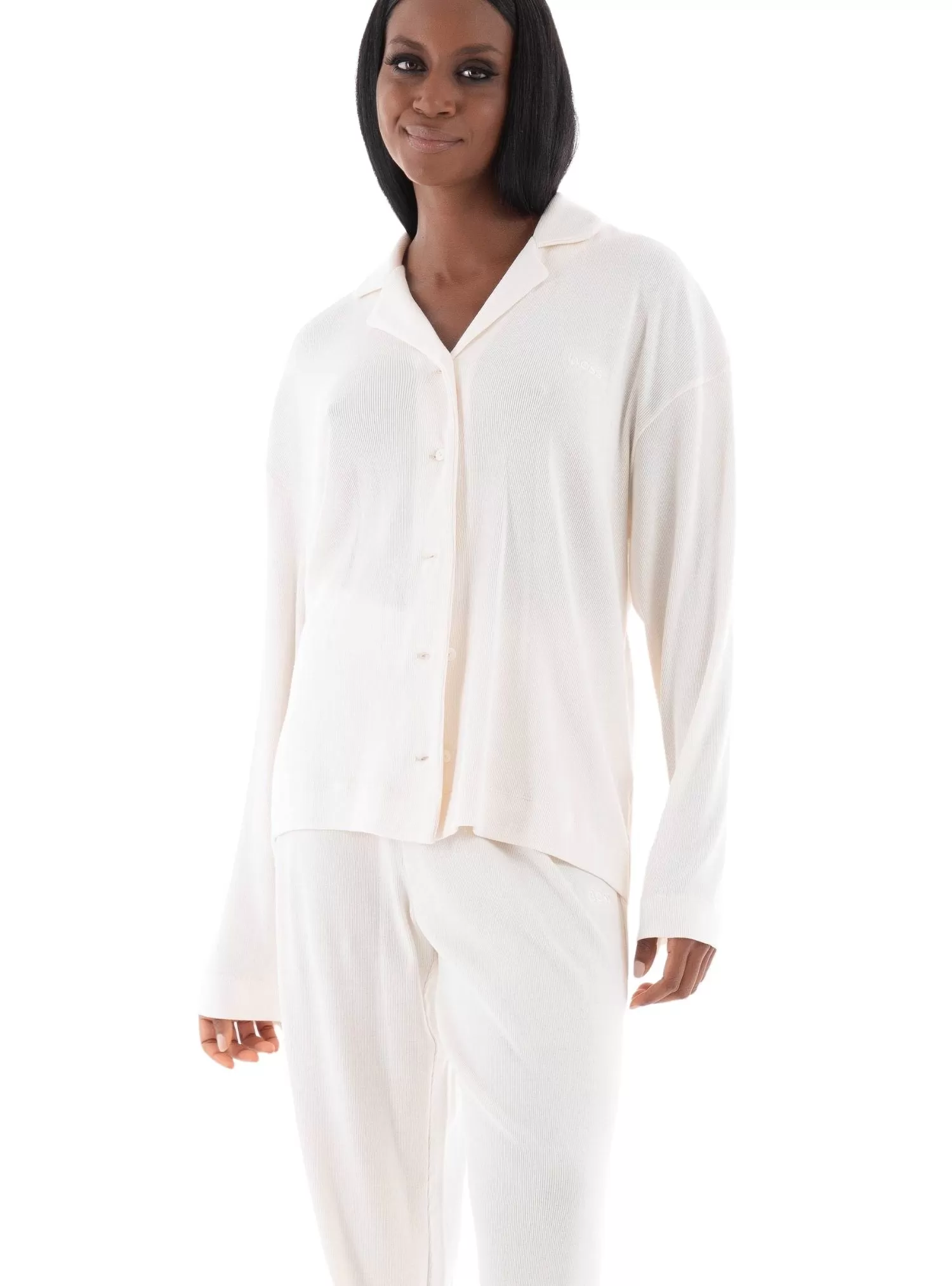 Elegant Ribbed Organic Cotton Pyjama Set, Off-White