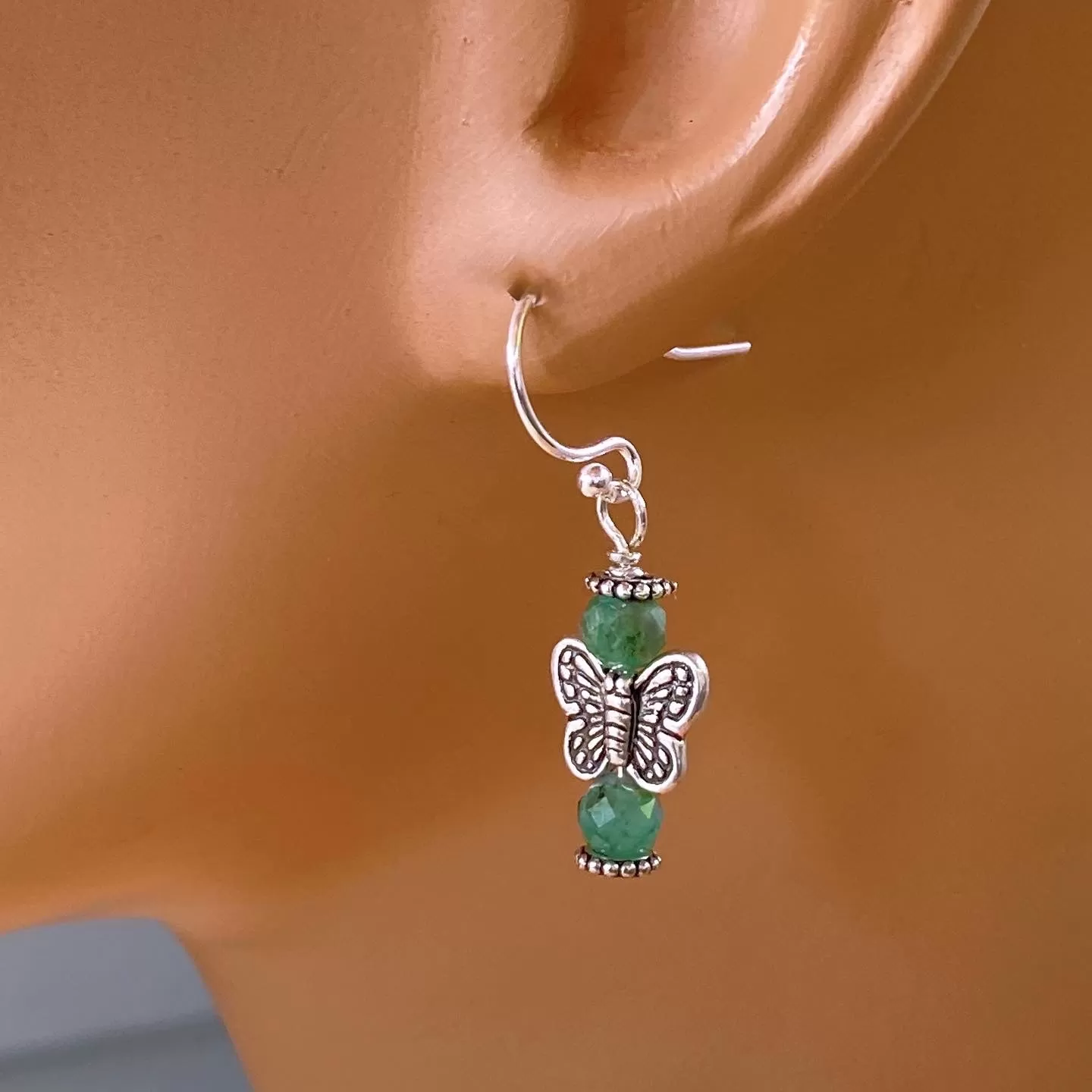 Emeralds and Sterling Silver Butterfly dangle and drop Earrings