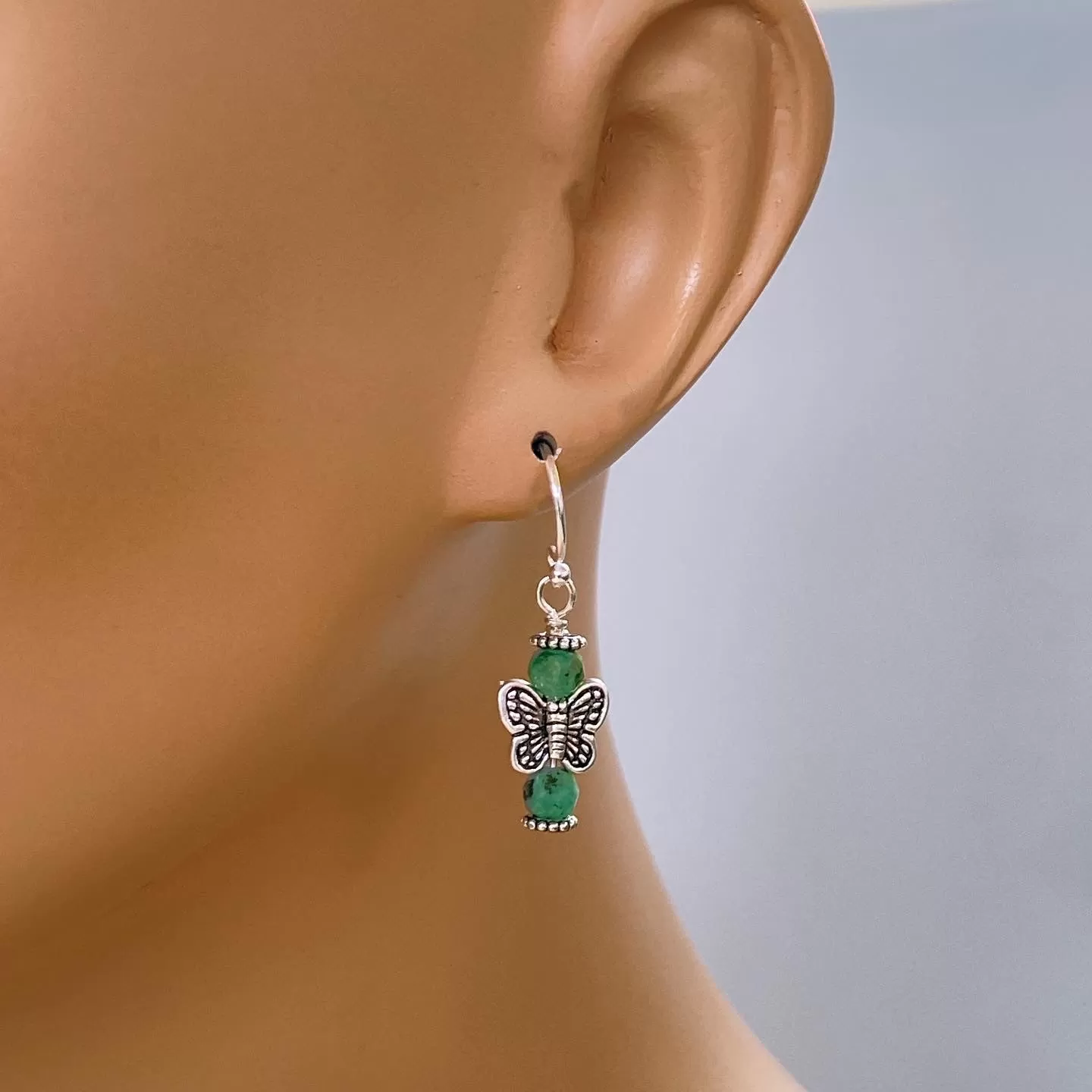 Emeralds and Sterling Silver Butterfly dangle and drop Earrings