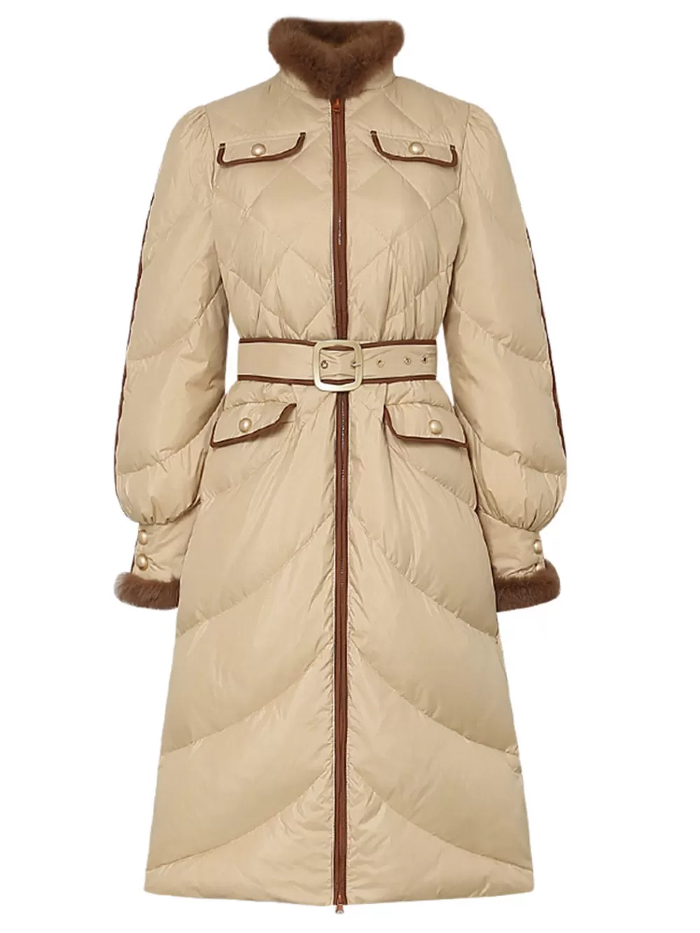 Estelle Belted Puff Sleeve Rabbit Fur Down Coat