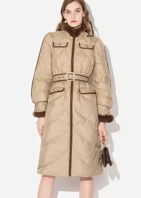 Estelle Belted Puff Sleeve Rabbit Fur Down Coat