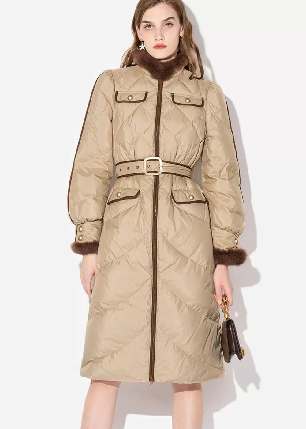 Estelle Belted Puff Sleeve Rabbit Fur Down Coat