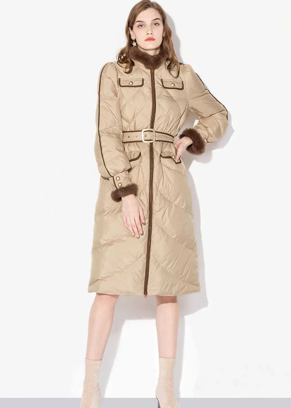 Estelle Belted Puff Sleeve Rabbit Fur Down Coat