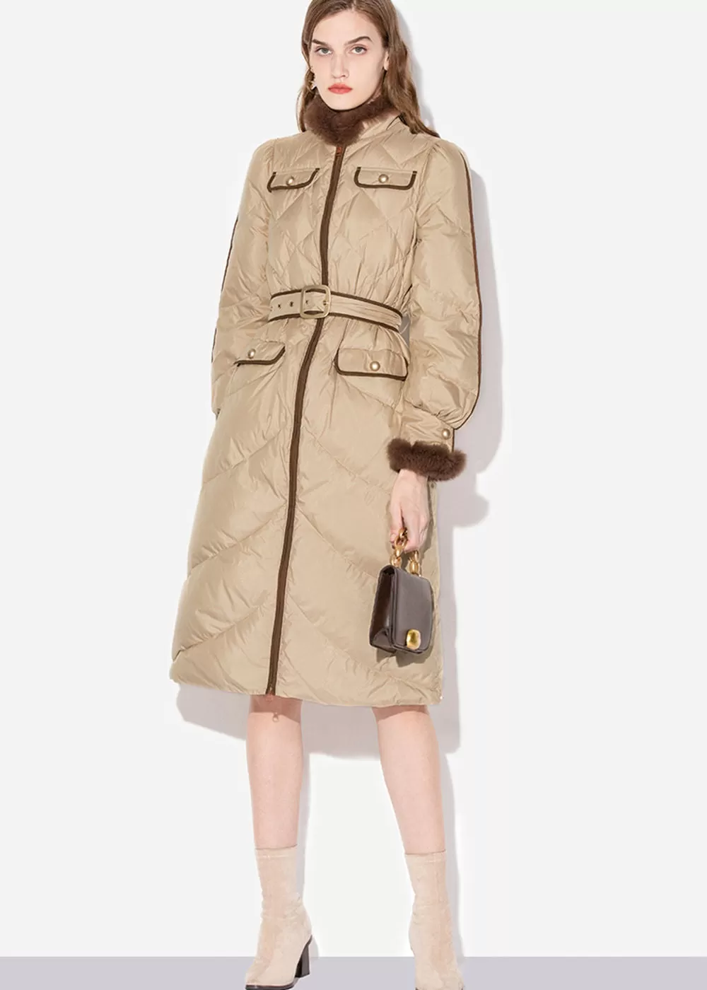 Estelle Belted Puff Sleeve Rabbit Fur Down Coat