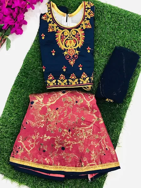 Fabulous Designer Art Silk Embroidery Work Lehenga Set For Kids