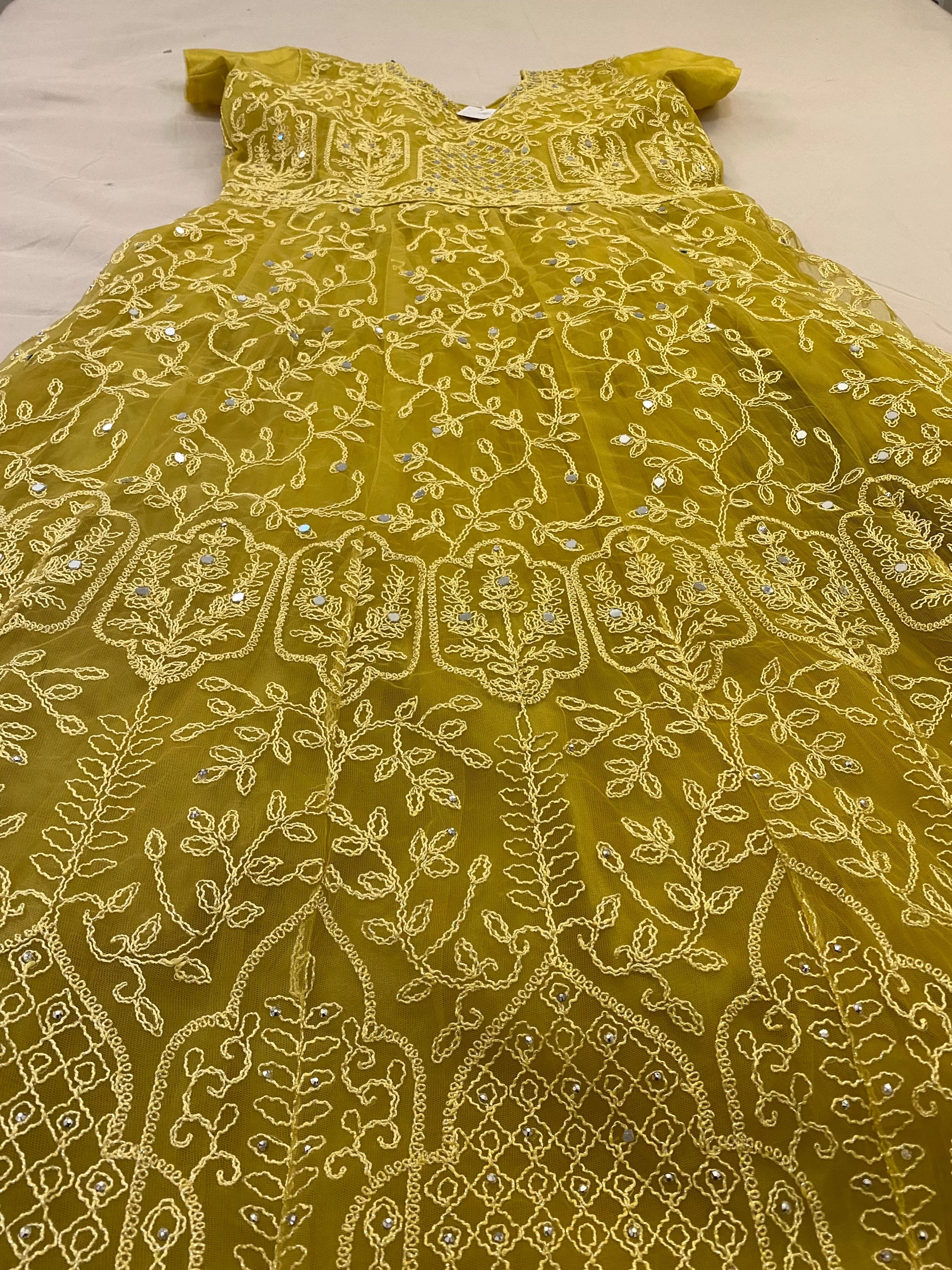 Fascinating Honey Yellow Long Dress With Net Heavy Embroidery Work For Women