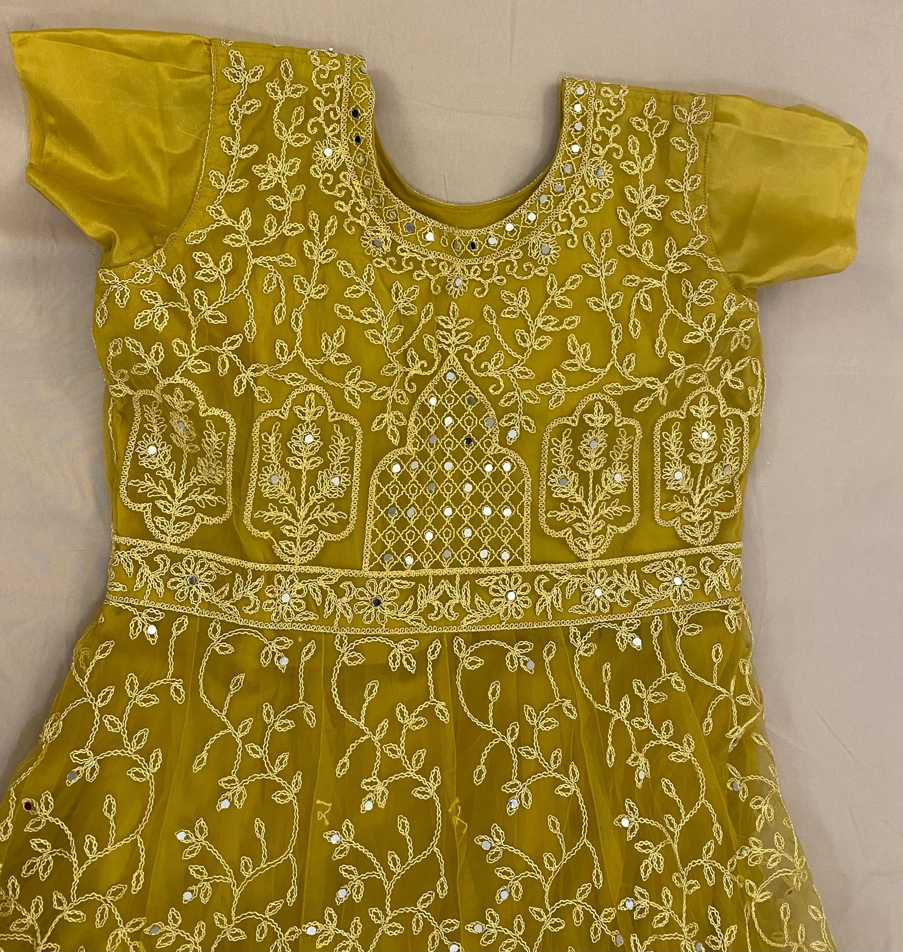 Fascinating Honey Yellow Long Dress With Net Heavy Embroidery Work For Women