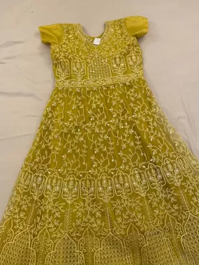 Fascinating Honey Yellow Long Dress With Net Heavy Embroidery Work For Women