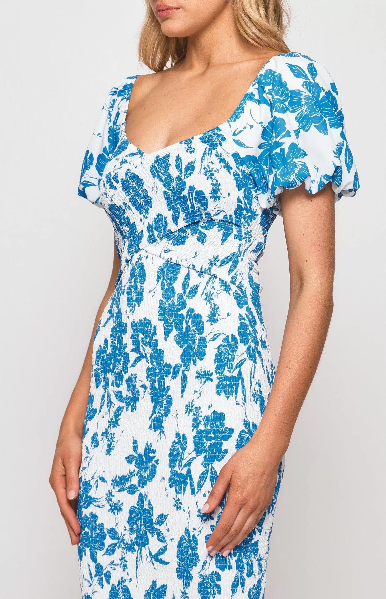 Gia Shirred Midi Dress - Blue