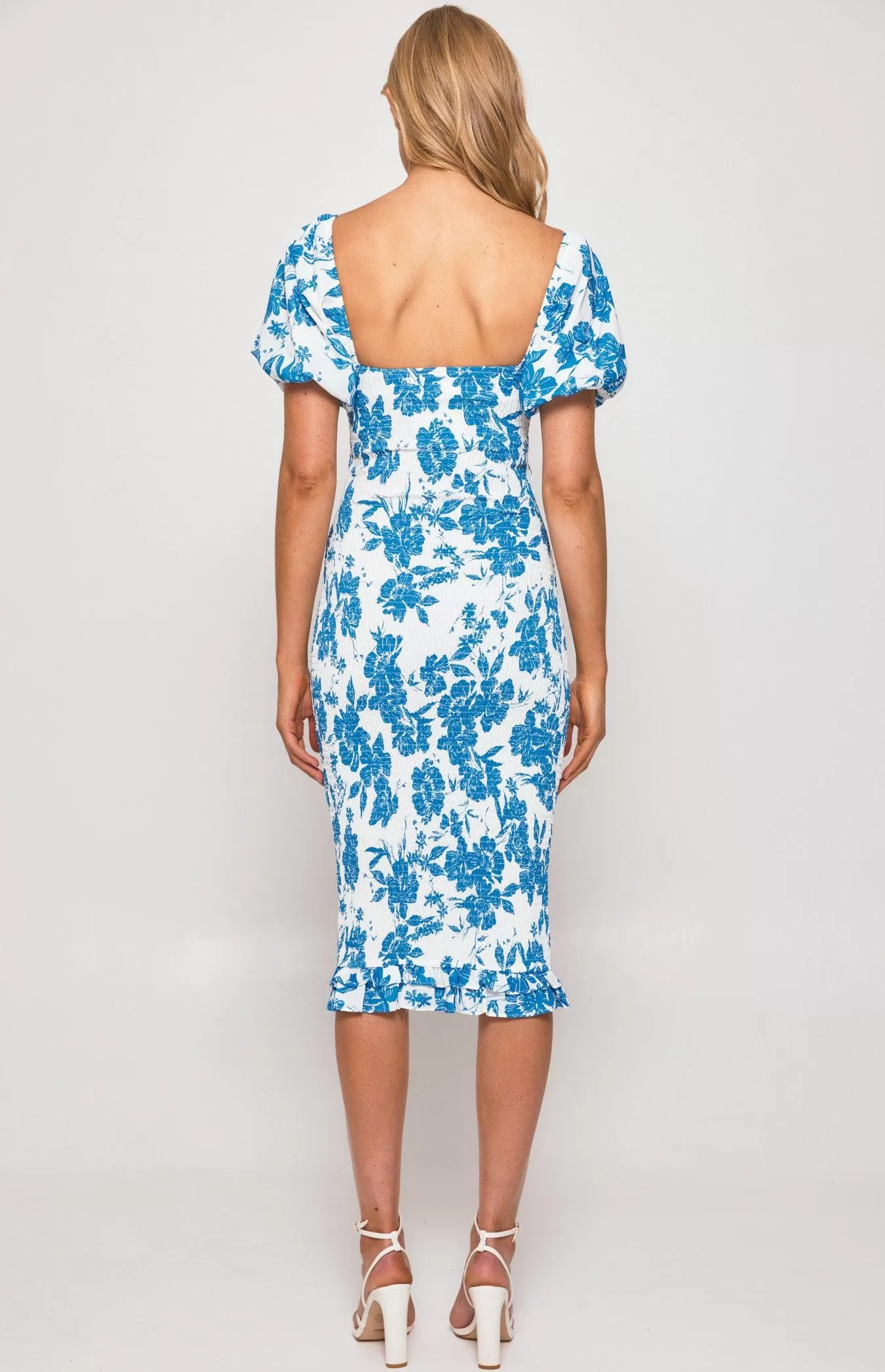 Gia Shirred Midi Dress - Blue