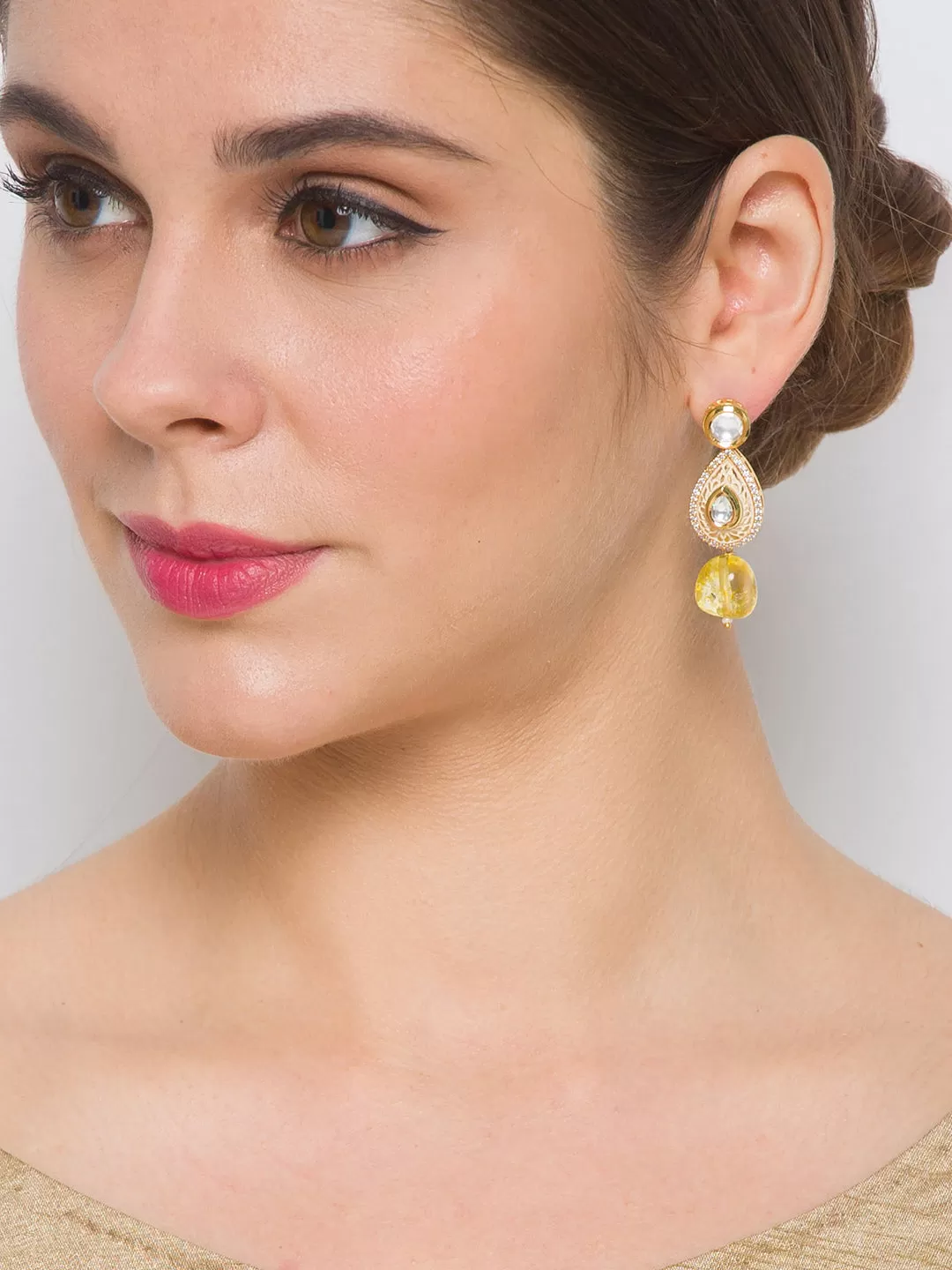 Golden, Crème and Yellow  Kundan Earrings with Onyx