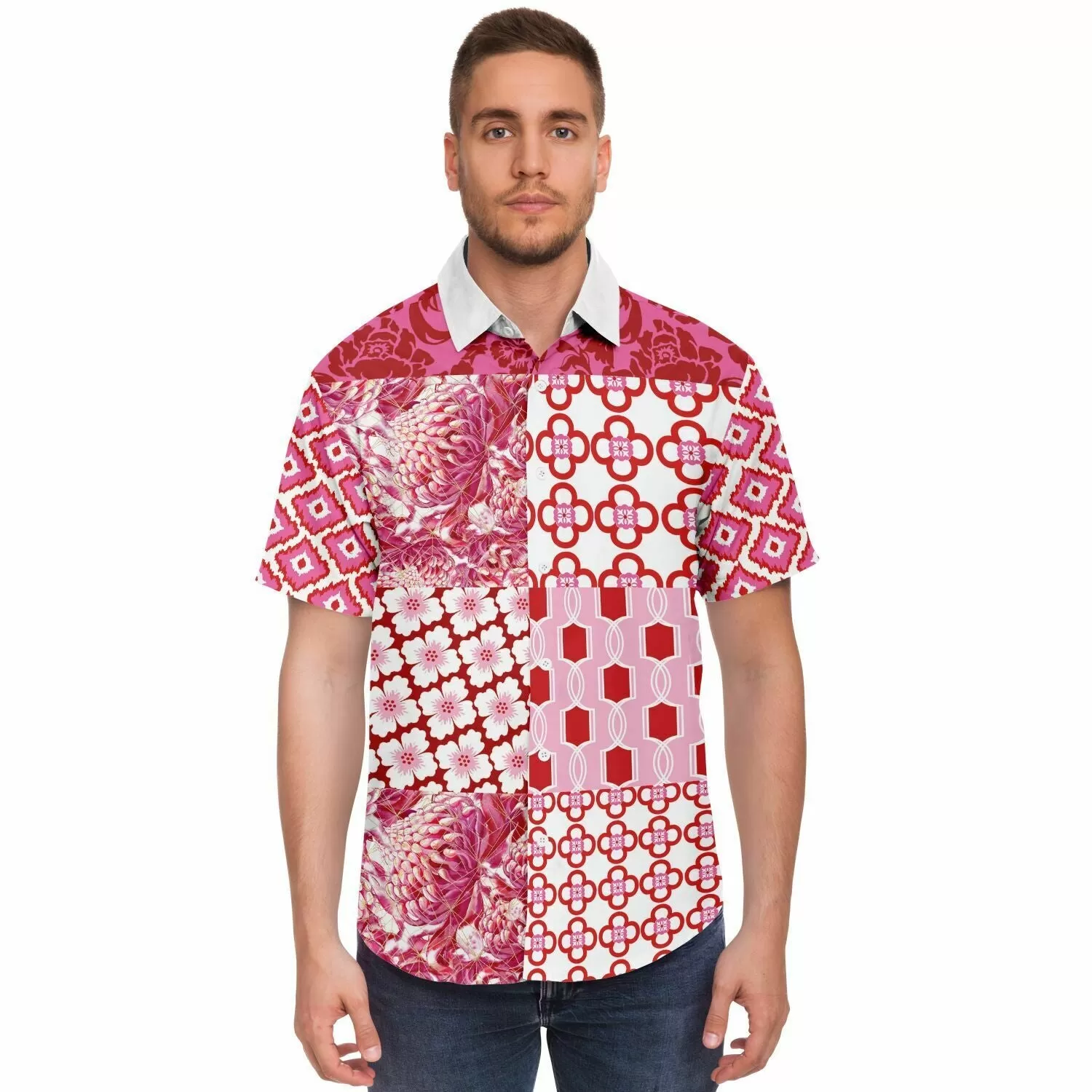 Gypsy Beat Pink Patchwork Short Sleeve Button Down Shirt