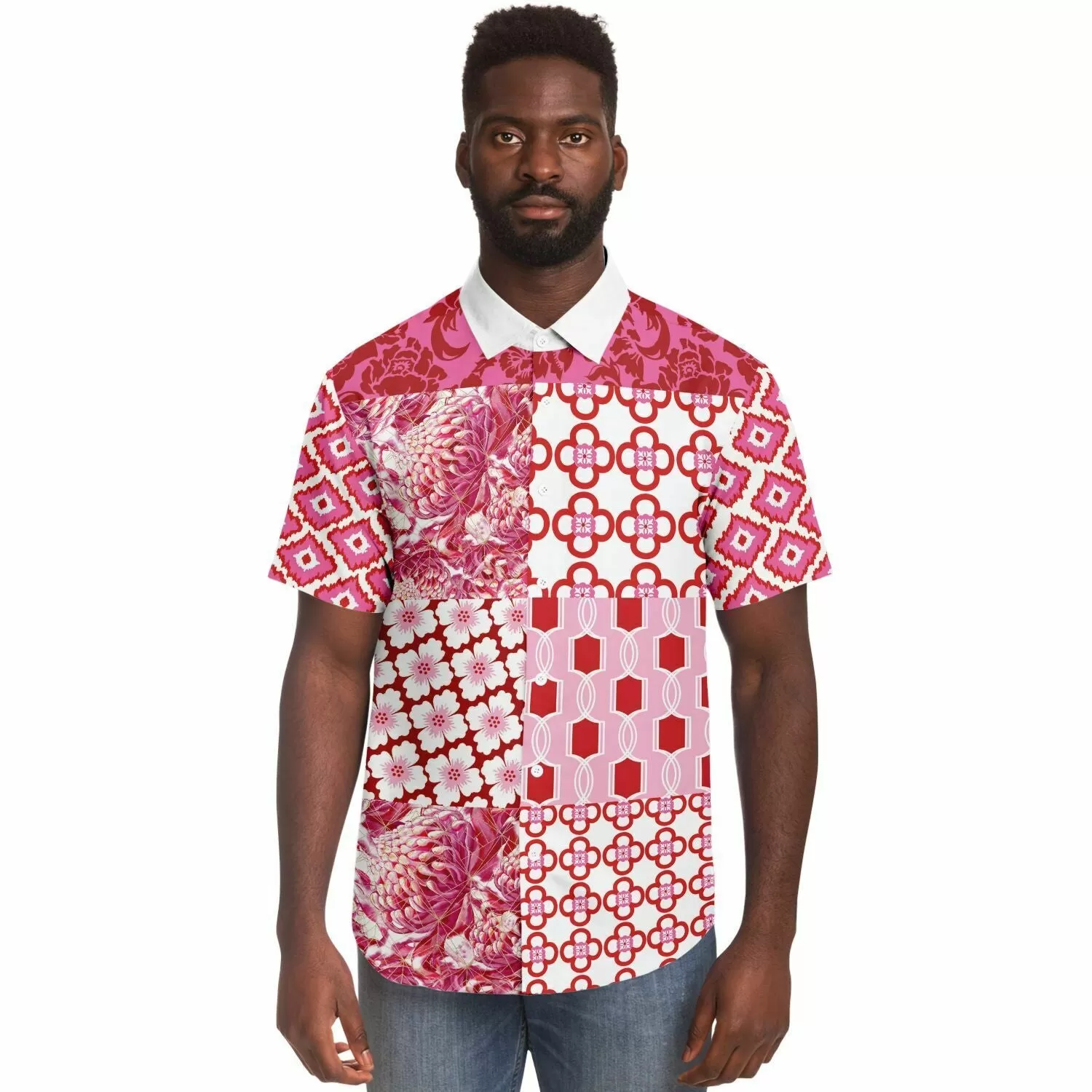 Gypsy Beat Pink Patchwork Short Sleeve Button Down Shirt