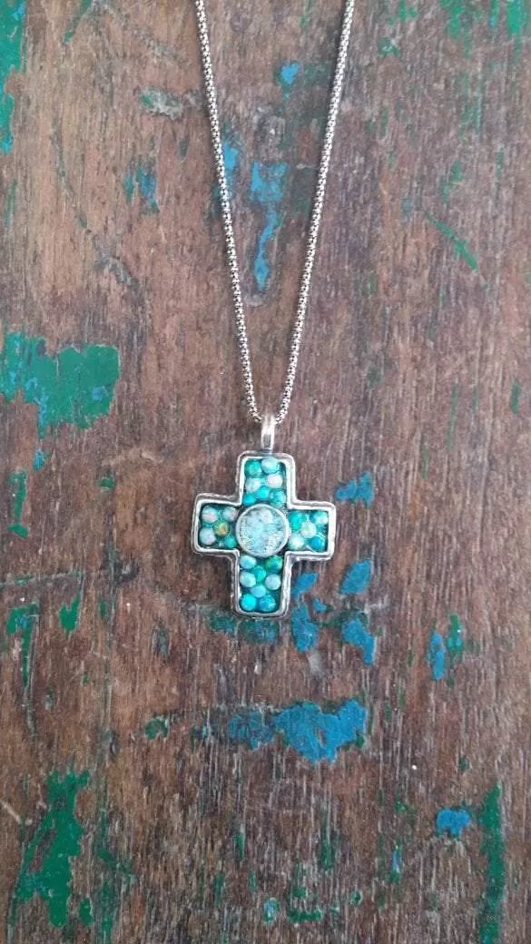 Holy Land Jewelry Sterling Silver cross roman glass opals beads My Blue Sky Cross