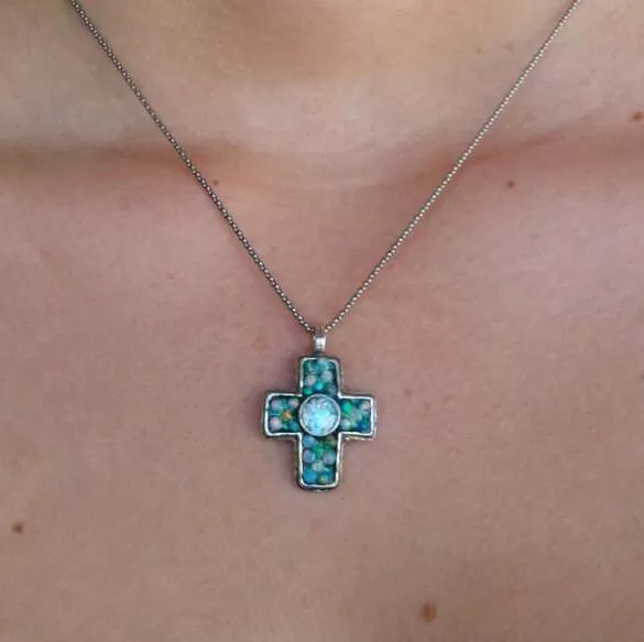 Holy Land Jewelry Sterling Silver cross roman glass opals beads My Blue Sky Cross