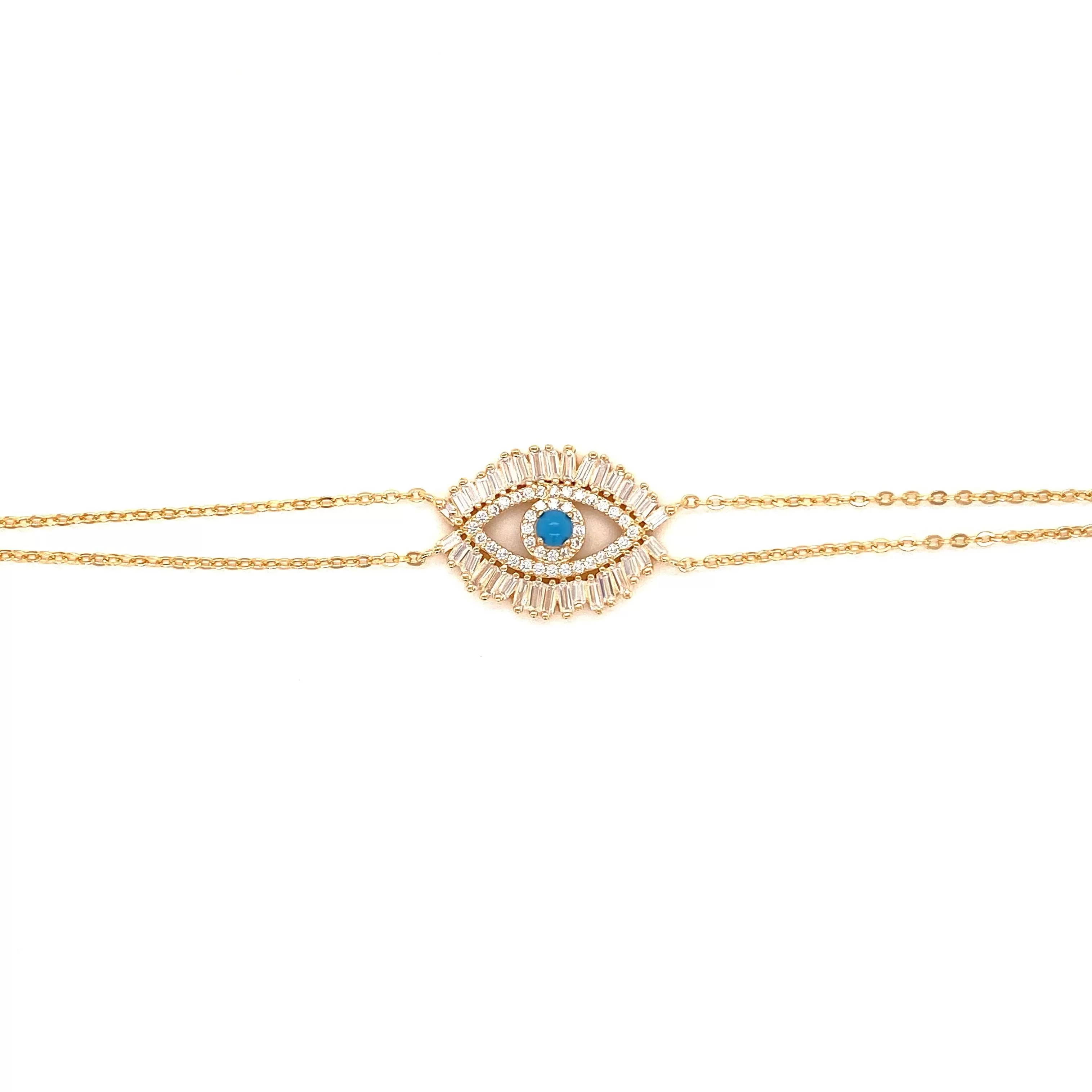 Italian Eye Bracelet With CZ Baguette Border And Turquoise Center Stone