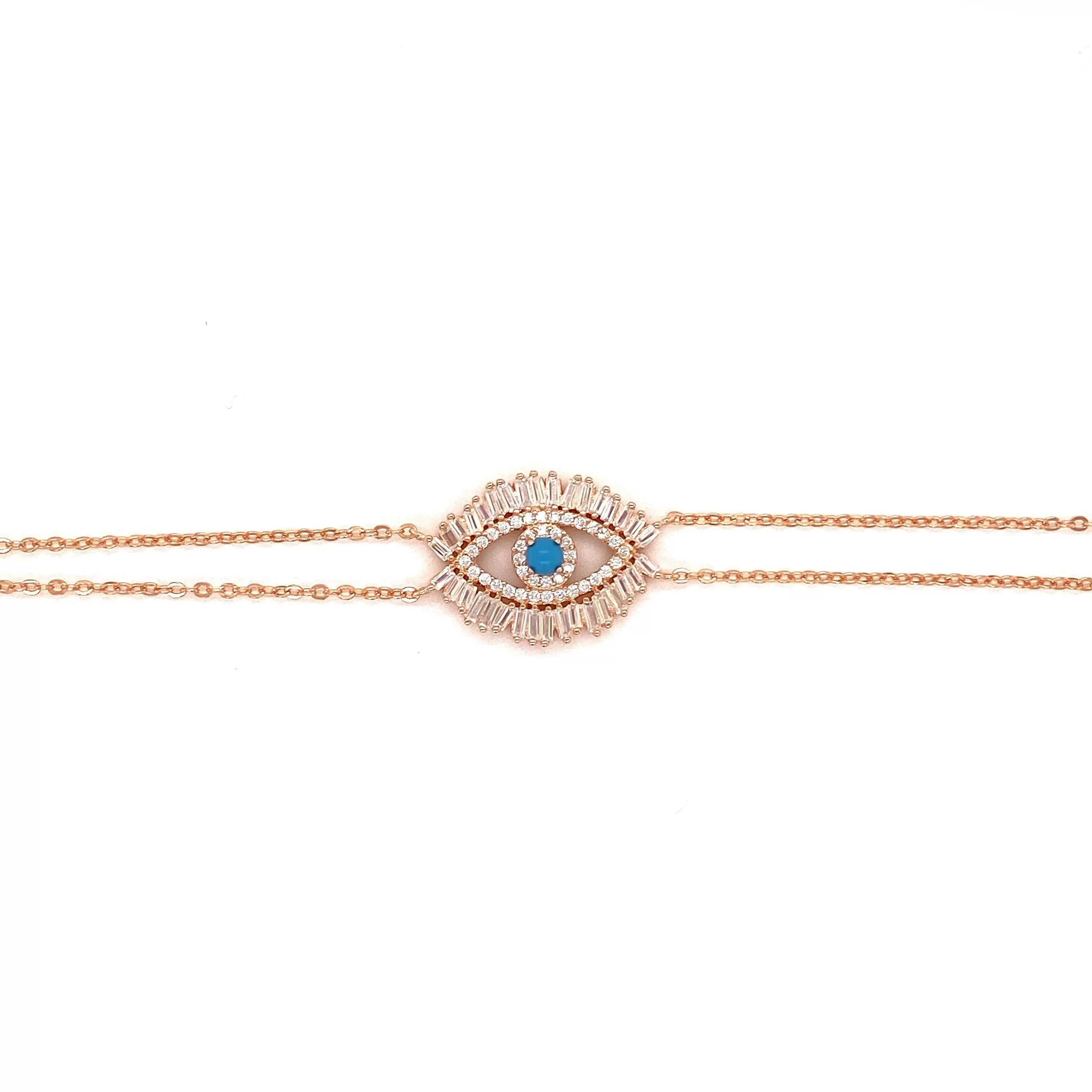 Italian Eye Bracelet With CZ Baguette Border And Turquoise Center Stone