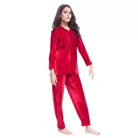 Long Sleeves Velvet Pajama Shirt Set | Ladies 2 Pieces Winter Nightwear  | Sleepwear For Women