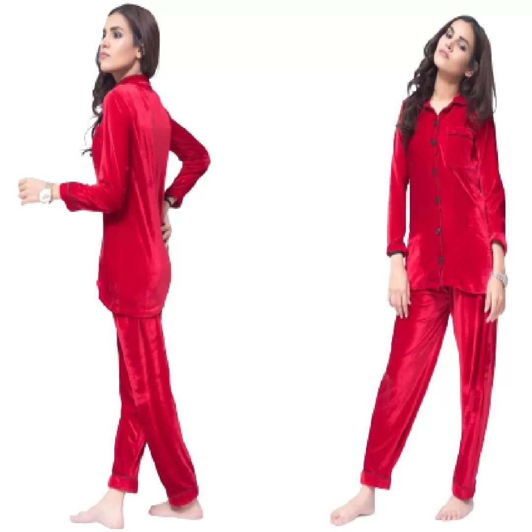 Long Sleeves Velvet Pajama Shirt Set | Ladies 2 Pieces Winter Nightwear  | Sleepwear For Women