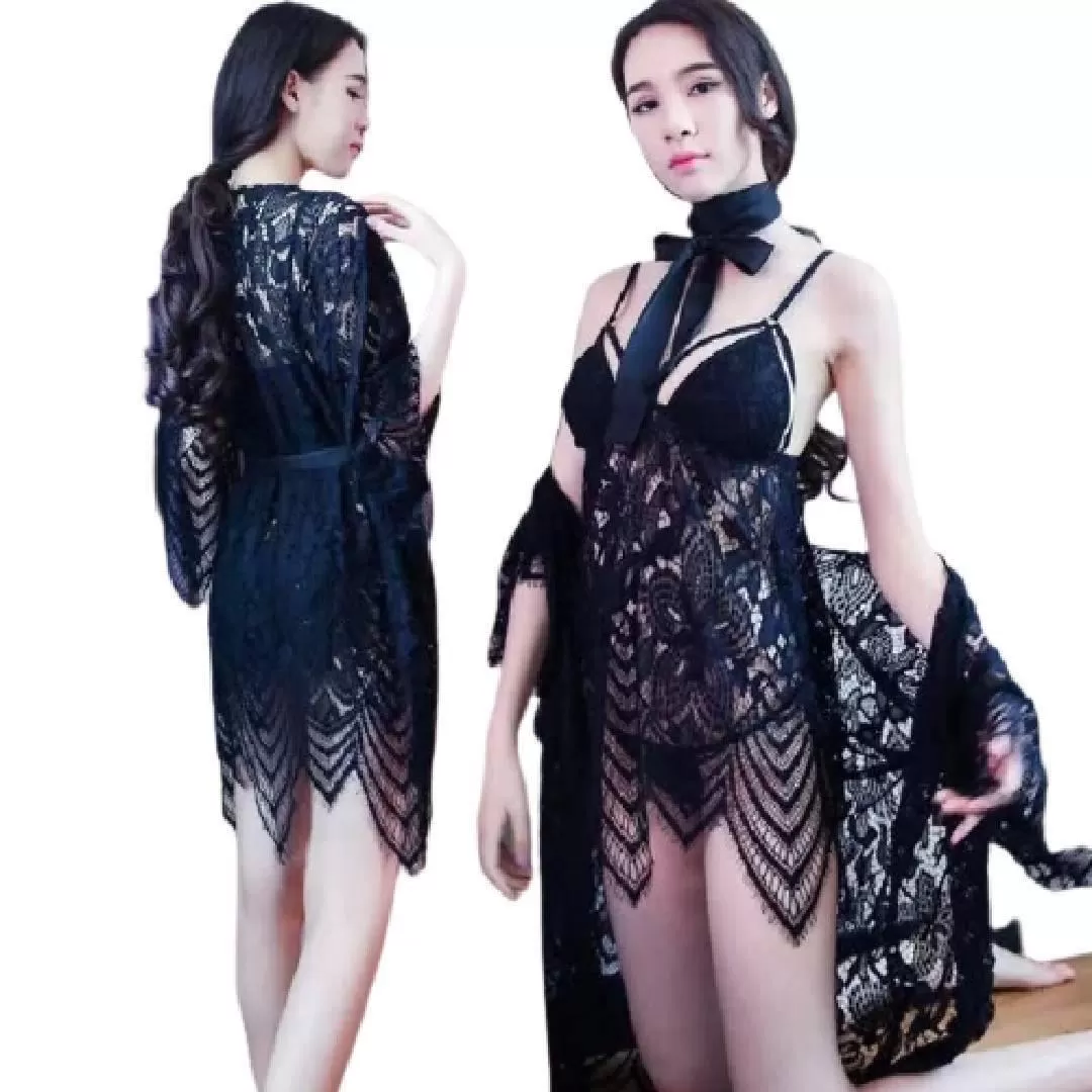 Luxury 3Pc lace sheer robe Gown Set long sleeve belt nightwear lingerie suits