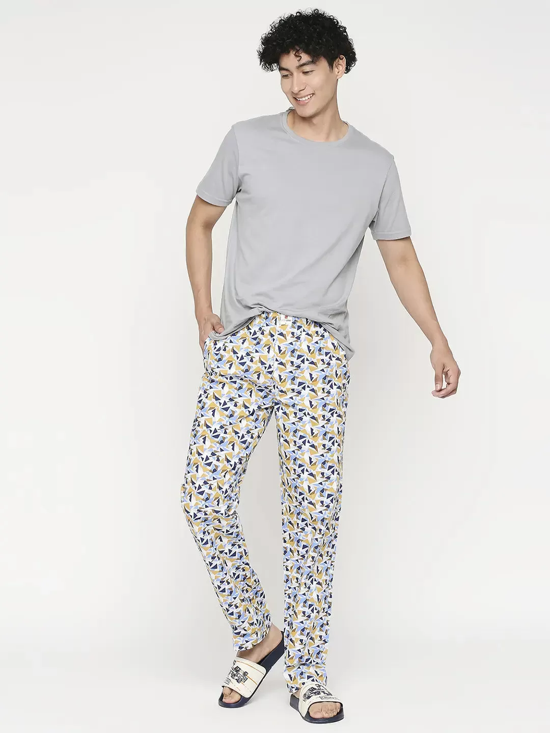 Men Premium Yellow & Grey Cotton Regular Fit Pyjama- UnderJeans by Spykar