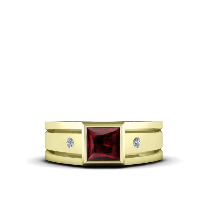 Men's Gold Plated Ruby Ring Trendy Solitaire Band with Natural Diamonds and Red Gemstone