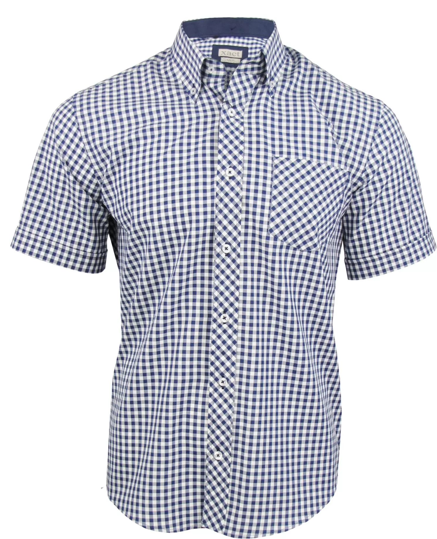 Mens Short Sleeve Gingham Check Shirt Button Down Collar Slim Fit By Xact