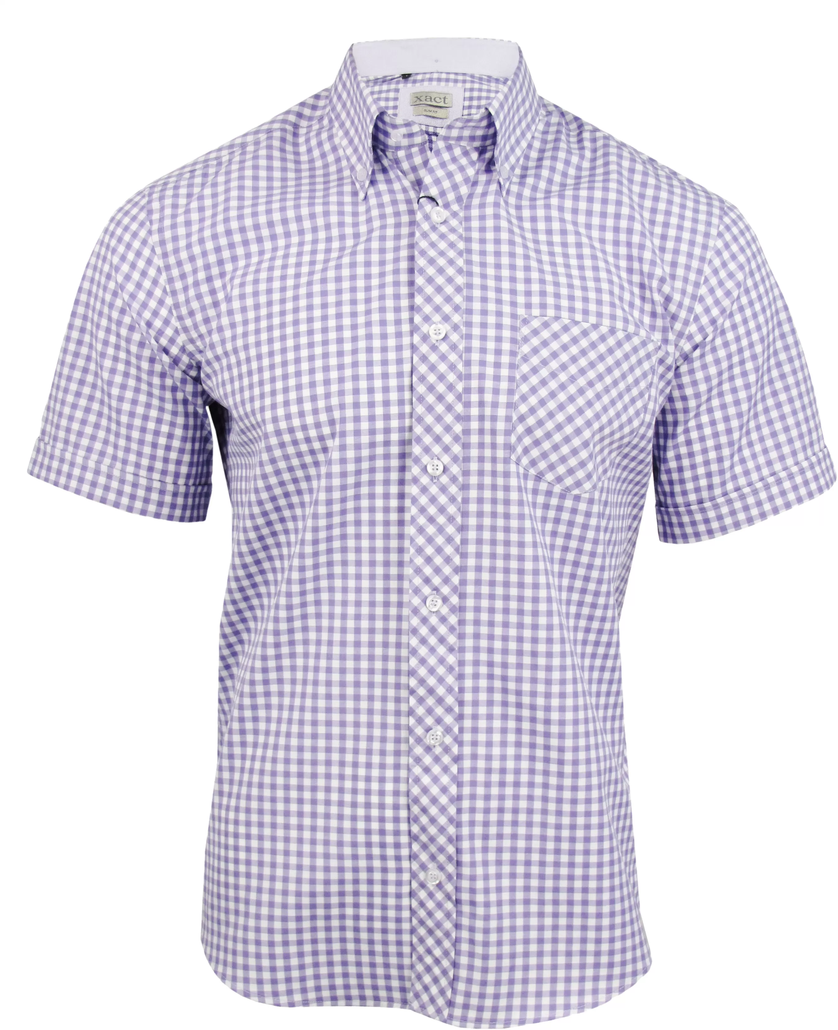 Mens Short Sleeve Gingham Check Shirt Button Down Collar Slim Fit By Xact