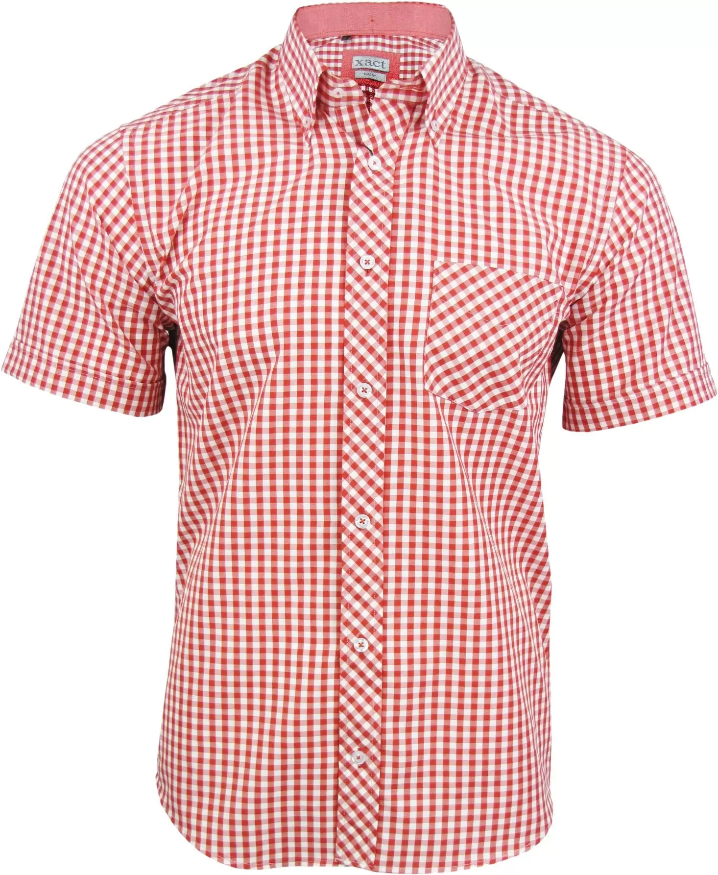 Mens Short Sleeve Gingham Check Shirt Button Down Collar Slim Fit By Xact