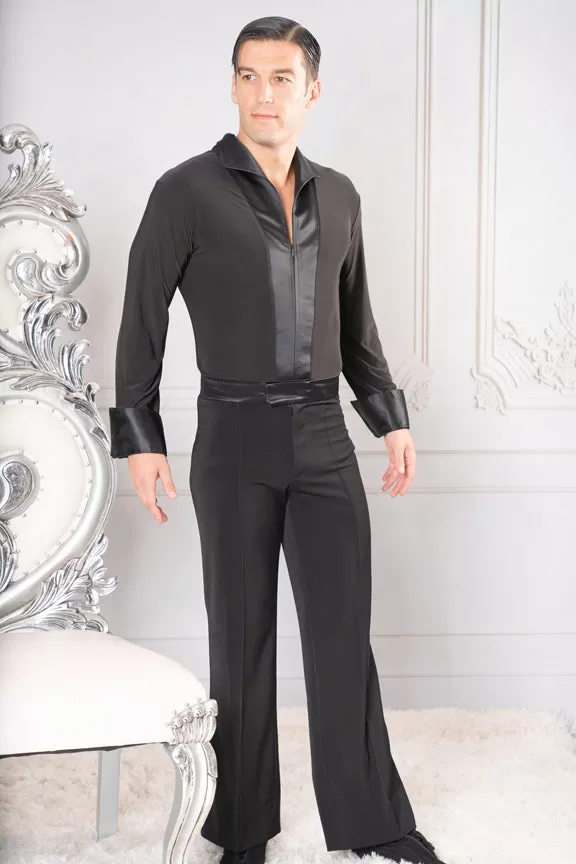 Men's Simple Satin Collard Zipper Closure Dance America Shirt with Bodysuit/Trunks MS42