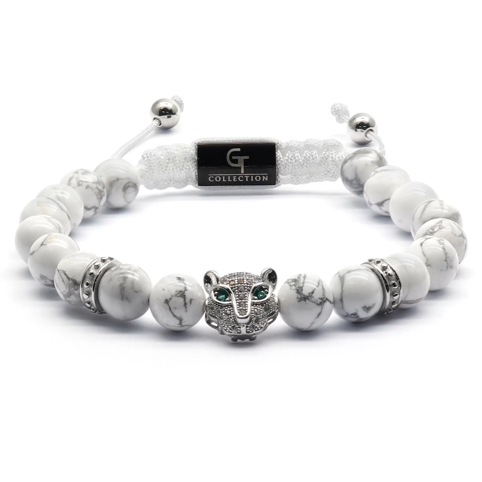 Men's WHITE HOWLITE Bracelet With Silver LEOPARD Head - One Size Fits All