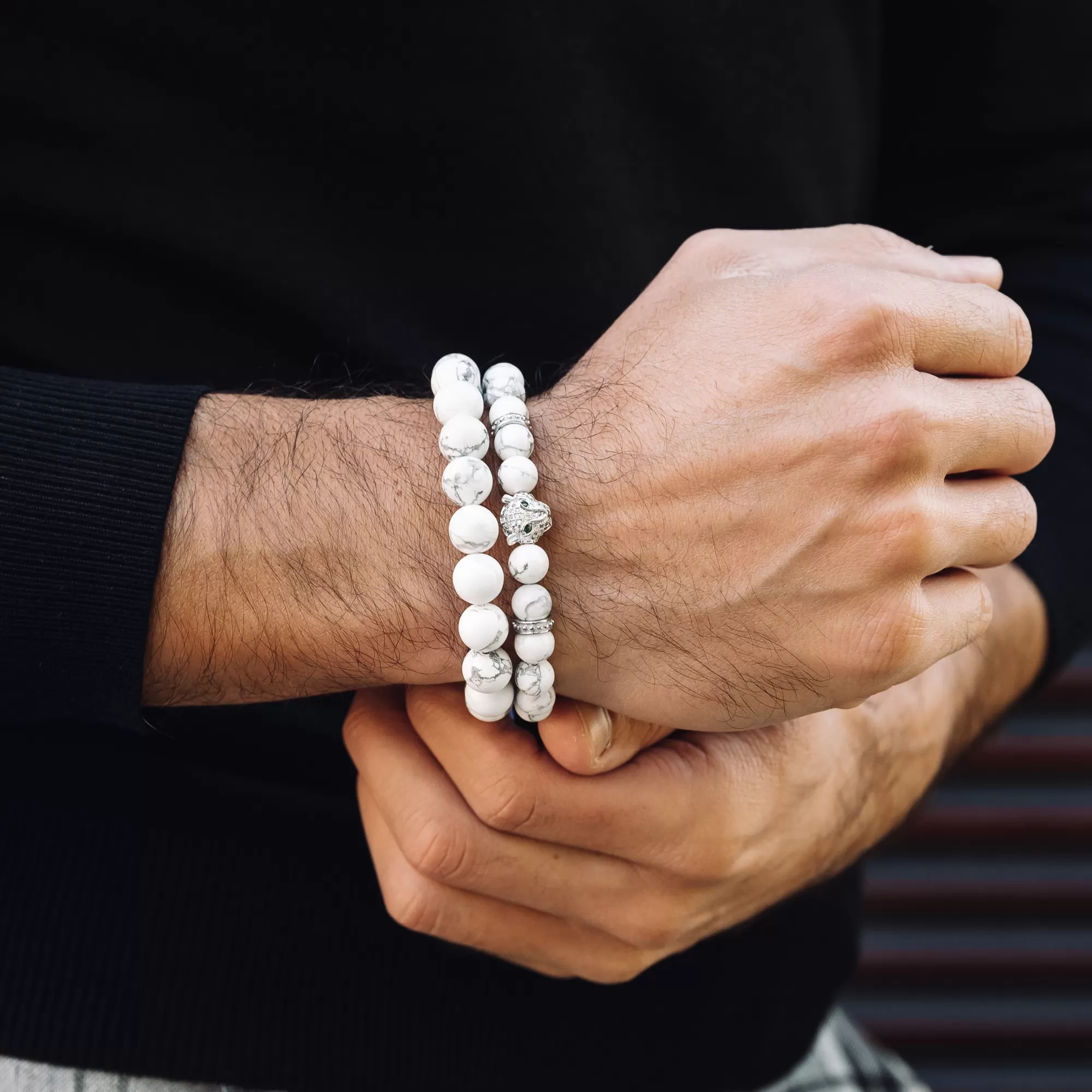 Men's WHITE HOWLITE Bracelet With Silver LEOPARD Head - One Size Fits All