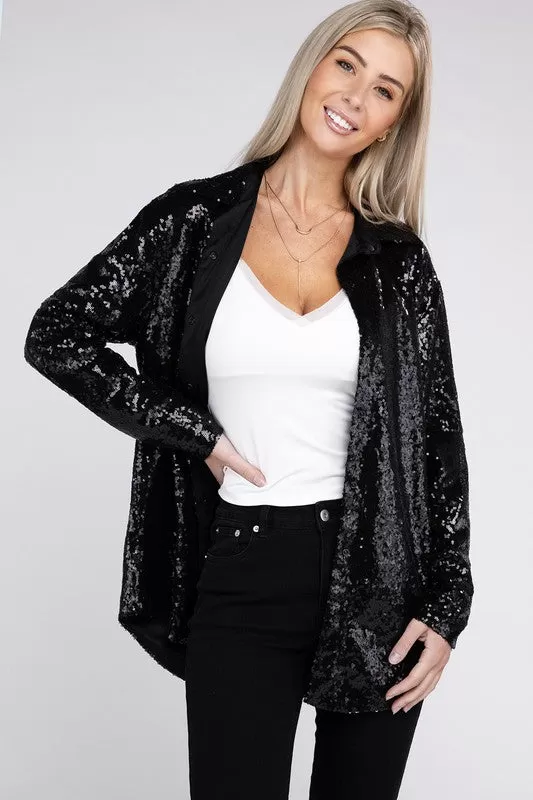 Midnight Disco Sequin Collared Button Up Long Sleeve Shirt