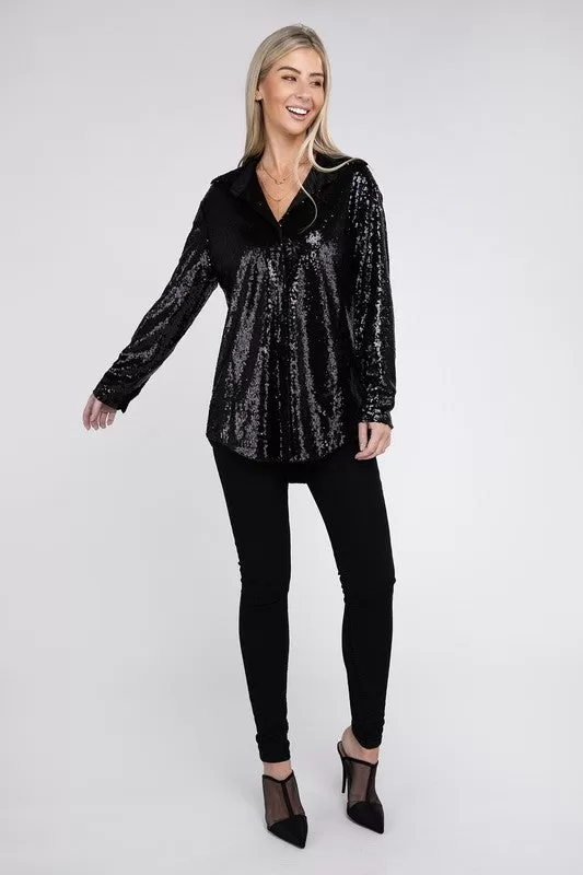 Midnight Disco Sequin Collared Button Up Long Sleeve Shirt